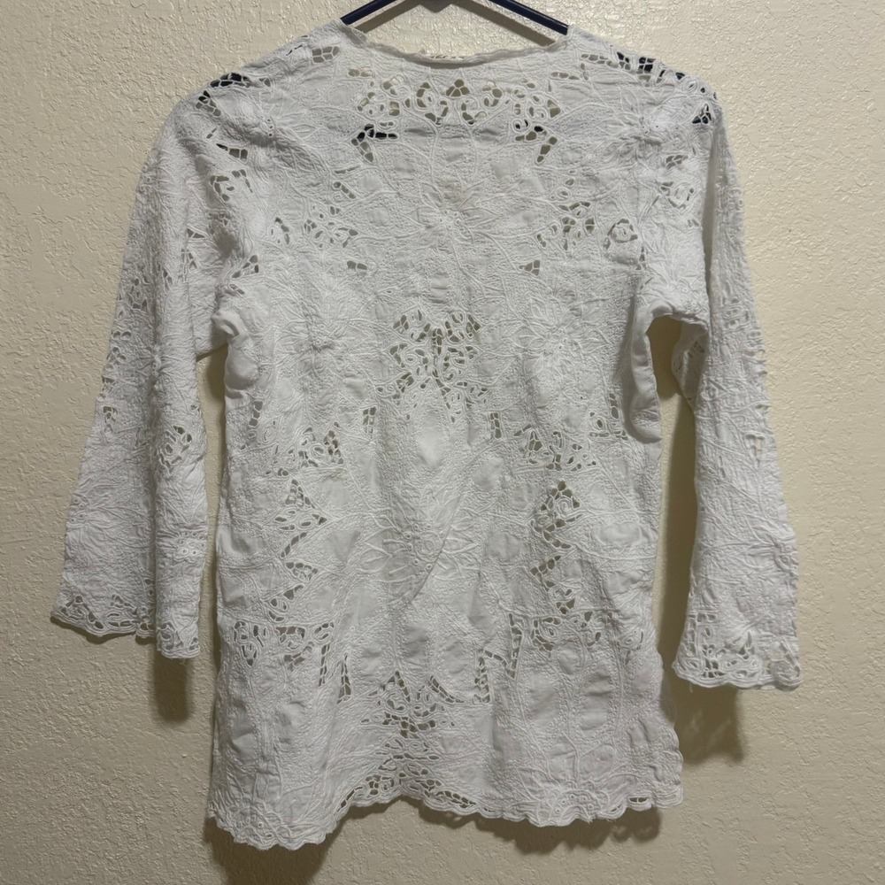 Hibis Women White Eyelet Lace Floral Embroidery Tunic V-Neck 3/4 Sleeve Top - Picture 9 of 11